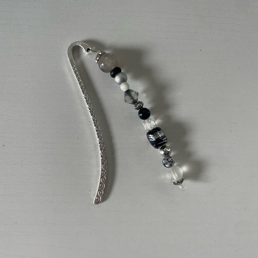 Handmade Silver Beaded Bookmark with Black and White Accents